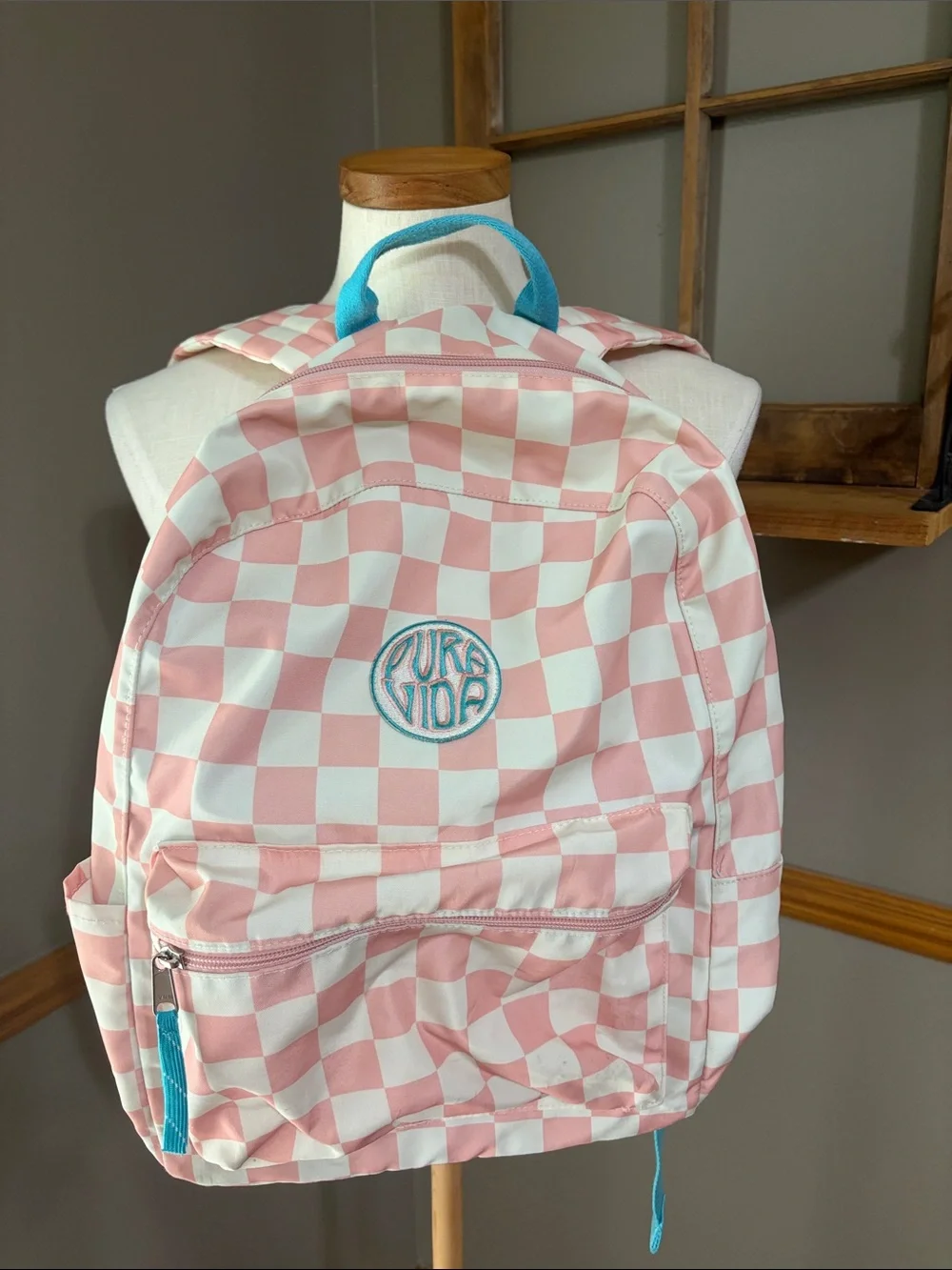 Pura Vida Pink and White Checkerboard Backpack with adjustable straps